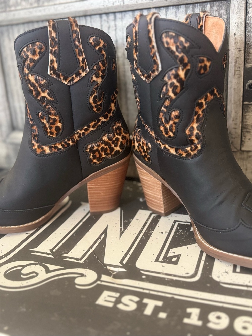 Dingo Black Ankle Boots with Leopard Print cowhide accents